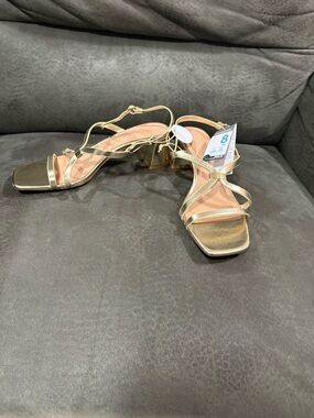 Wide Primark Metallic Gold Strappy Block Heel Sandals